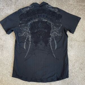 Monarchy Men's L Goth Y2K Rock Grunge Embroidered Studded Black Button Up Shirt